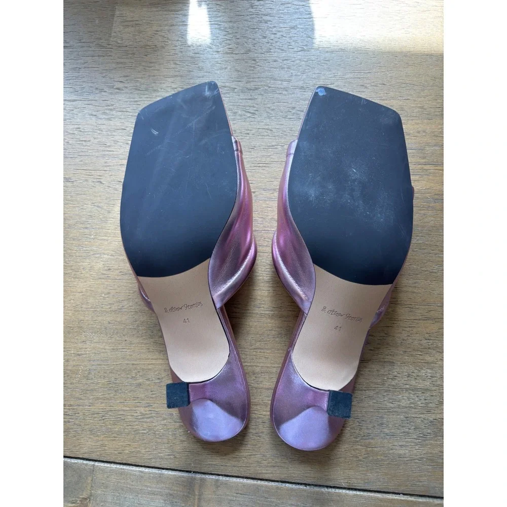 & Other Stories Metallic Pink Leather Square Toe Kitten Heel Mules Size 10